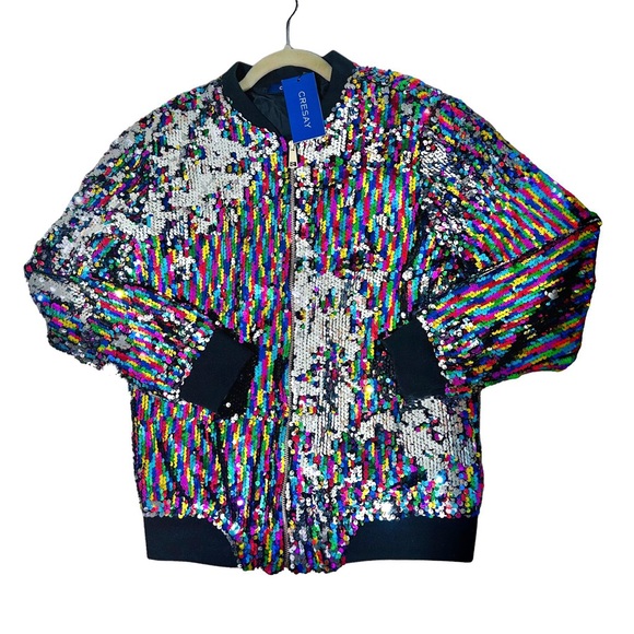 CRESAY Colorful Sequin Zip Up BOMBER JACKET! Woman’s Size Medium - Picture 4 of 14